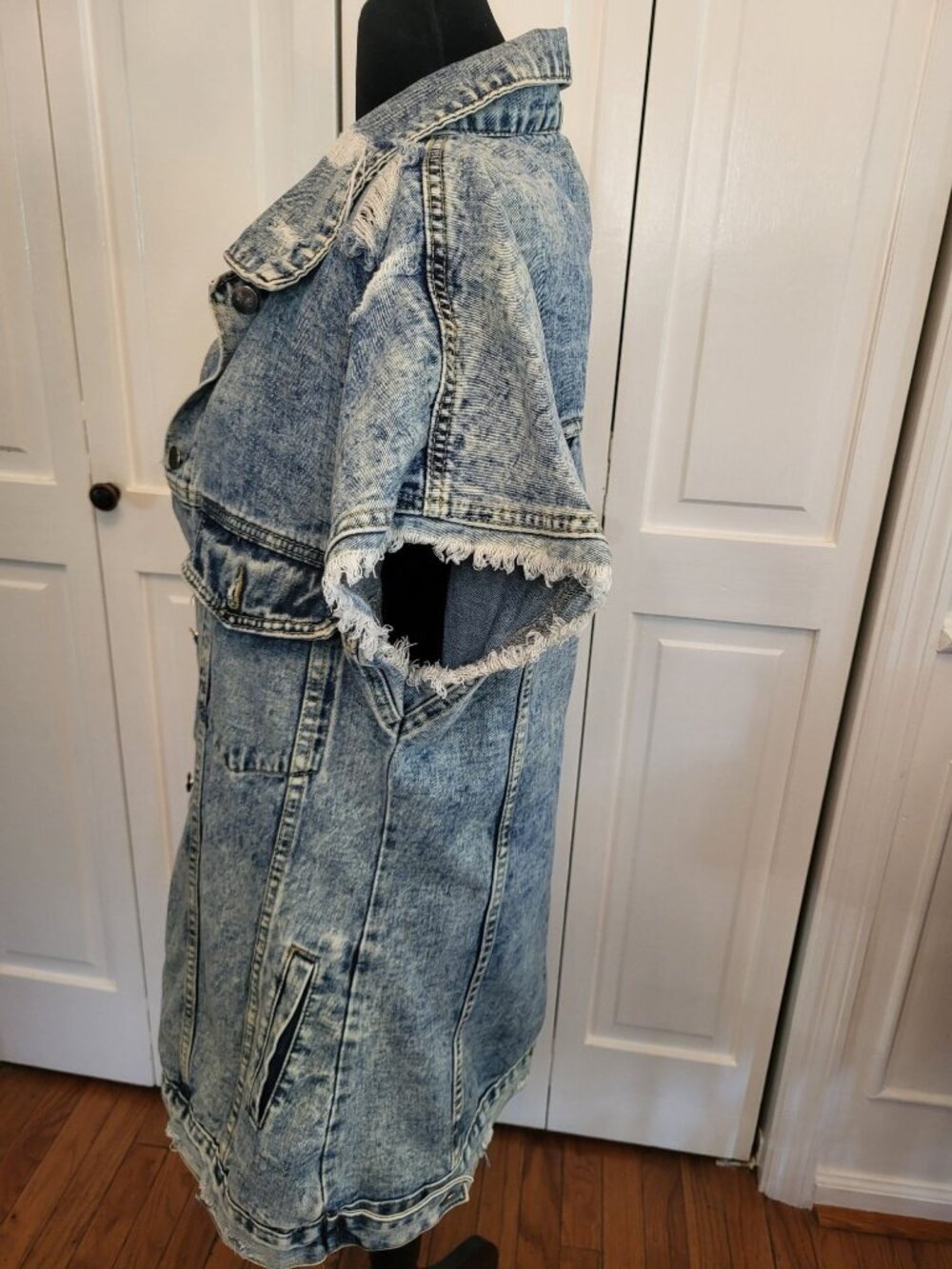 Acid Washed Short Sleeve Denim Jacket Distressed L Grunge Western Streetwear - Picture 10 of 12